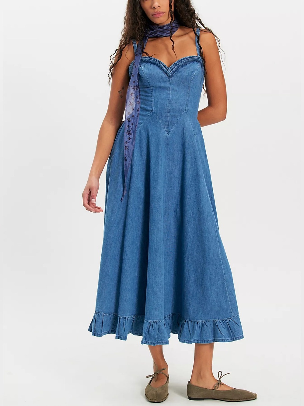 FREE PEOPLE Another Season Denim Midi Dress-Sweetheart A-Line-Size X-Small NWT